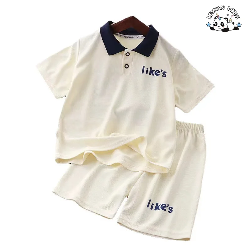 LEZONKIDS - Atacado de Novos Produtos camiseta polo e shorts com impressão de letras conjunto de roupas casuais de verão para meninos